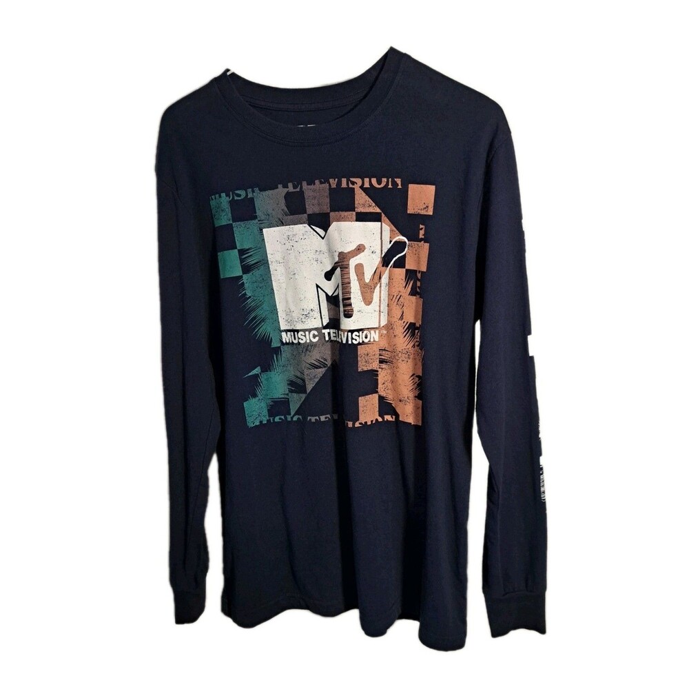 MTV Logo Long Sleeve Cotton Blend Shirt Dark Blue 2021 Viacom Unisex Size Small